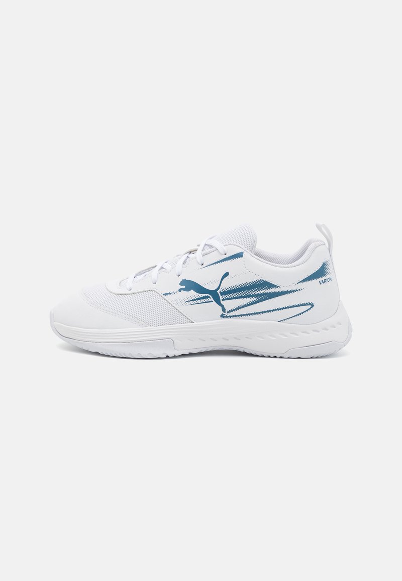 White athletic shoe with mesh upper, blue accent stripes, round toe, textured sole, and lace closure. Brand logo visible on side.
