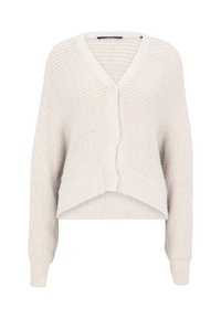 Hellbeige gestrickte Strickjacke mit V-Ausschnitt, kurzen Design, geripptem Textur und vorderem Knopfverschluss. Enthält feine Sprenkel.