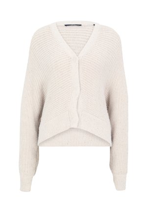 Hellbeige gestrickte Strickjacke mit V-Ausschnitt, kurzen Design, geripptem Textur und vorderem Knopfverschluss. Enthält feine Sprenkel.