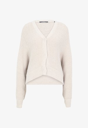 Cardigan en tricot crème clair avec un col V, design court, texture en côtes et fermeture par boutons à l'avant. Présente des éclats subtils partout.