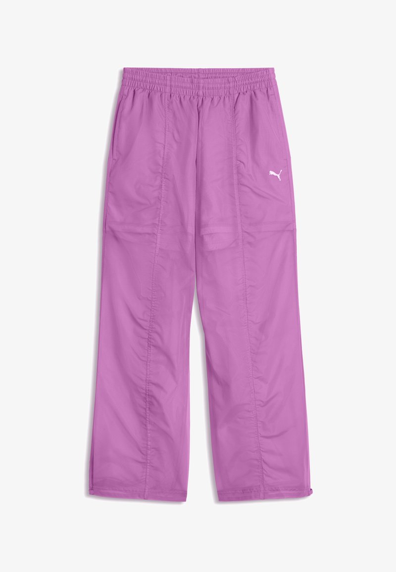Pantalon de sport violet à taille élastique, jambes droites, poches latérales et petit logo blanc Puma sur la cuisse droite.