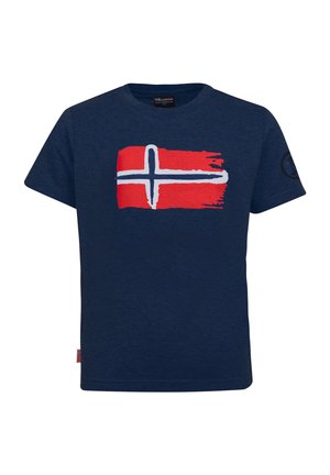 Navy blue short sleeve shirt with a red and white Norwegian flag design painted on the front center.