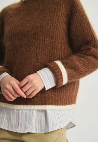 Pull en tricot marron à texture côtelée, avec des poignets et un ourlet de couleur crème. En dessous, une chemise rayée avec des lignes bleues et roses.