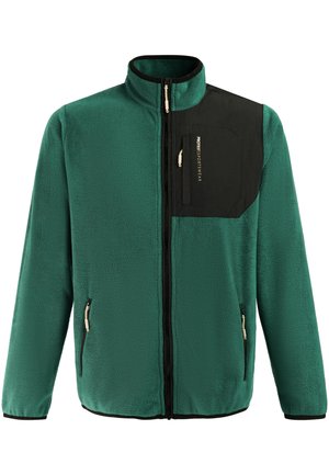 Groene fleecejas met volledige ritssluiting en zwart katoen op de linkerborst, voorzien van een verticale ritstas en de tekst "Protest Sportswear".