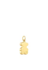 Ciondolo a forma di orso in oro con una superficie liscia, dotato di un anello per l'attacco e dettagli incisi sui lati.