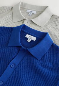 Deux polos NEXT de taille moyenne, l'un gris clair et l'autre bleu roi, en tissu tricoté texturé avec des patte de boutonnage.