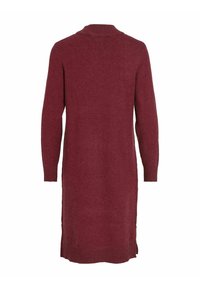 Robe en maille bordeaux à manches longues, longueur genoux, avec des poignets et un ourlet côtelés, et une fente latérale discrète, vue de dos.