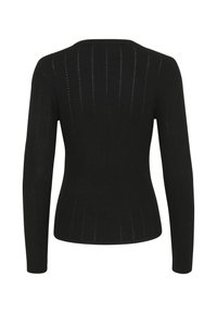 Musthave mustripsiga must pikkade varrukatega kampsun, millel on keha järgiv siluett, vertikaalsed õmblusdetailid ja ümmargune kaelus.