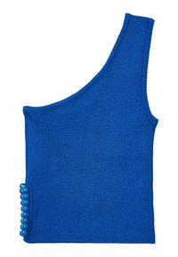 Top en maille bleu à épaule dénudée avec une texture côtelée et une rangée de boutons ronds bleus le long de l'ourlet latéral. Tissu lisse, design moderne.