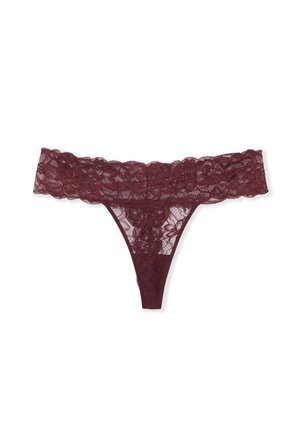 String en dentelle bordeaux avec motif floral, doté d'une large taille en dentelle et d'un design à couverture minimale. Confectionné en tissu doux et transparent.