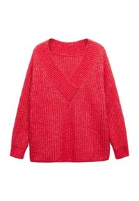 Pull en V tricoté rouge avec des manches longues et des poignets et col côtelés, présenté sur un fond blanc.