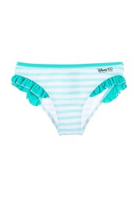 Striped bikini bottom in light blue and white with ruffled turquoise accents on sides and "Disney100" logo. Made from stretchy fabric.