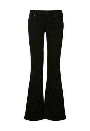 Schwarze, weit ausgestellte Jeans aus Baumwollmischgewebe; mit einer taillierten Taille, Vordertaschen und einem klassischen Fünf-Taschen-Design.