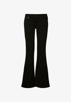 Čierne rozšírené džínsy vyrobené z bavlnenej zmesi; majú priliehavý pás, predné vrecká a klasický dizajn s piatimi vreckami.