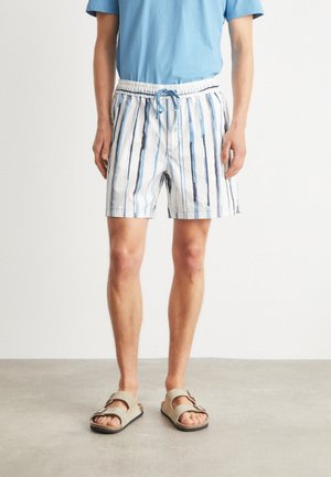 Striped swim shorts in light blue, white, and dark blue, with an elastic waist and drawstring. Worn with beige sandals.