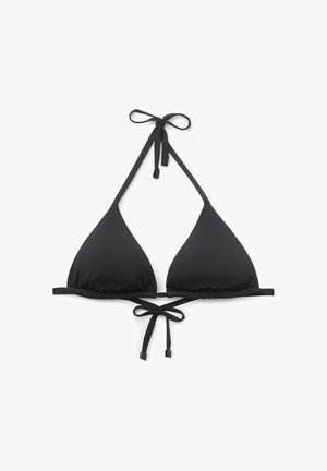Haut de bikini noir présentant un design triangulaire, des liens ajustables au cou et dans le dos, une texture lisse et des détails froncés le long des bords.