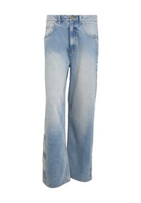 Vida blå denimjeans med lätt blekning. Har fem fickor, knappstängning och en rak silhuett med sydda detaljer.