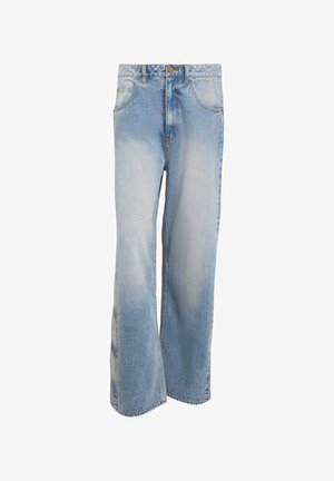 Wide-leg blue denim jeans with light fading. Features five pockets, a button closure, and a straight silhouette with stitched accents.