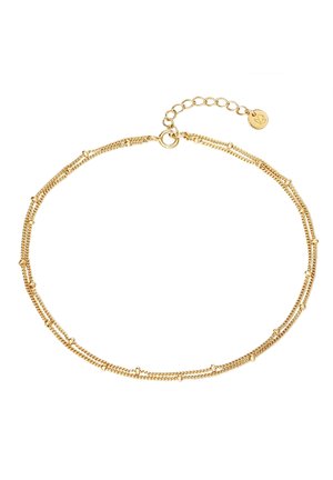Collana in oro, realizzata con delicati anelli intrecciati, caratterizzata da piccoli accenti sferici e una chiusura a catena regolabile.