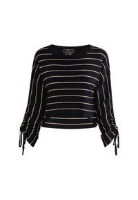 Zwarte cropped trui met witte horizontale strepen. Heeft lange mouwen met gathered accenten en strikken bij de manchetten, gebreide textuur.