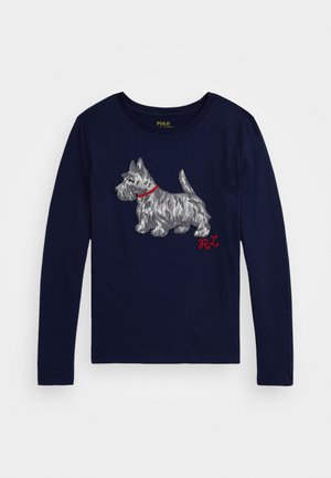 Tengerészeti hosszú ujjú póló, szürke kutya grafikával, piros nyakörvvel és hímzett "R.L." felirattal az alján. Puha, pamut anyag.