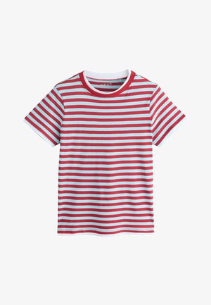 Rot und hellblau gestreiftes T-Shirt mit kurzen Ärmeln, rundem Ausschnitt und weißem Rand am Kragen und an den Ärmelsäumen.