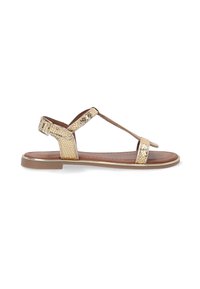 Goldene flache Sandalen mit einem strukturierten Kreuzriemendesign, verstellbarem Knöchelriemen und braunem Fußbett. Sie haben eine dünne Sohle mit einem leichten Rand.