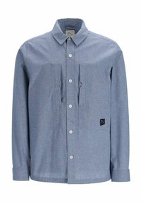 Camicia blu con bottoni realizzata in tessuto testurizzato, dotata di due tasche frontali, colletto a punta e un piccolo logo del marchio sul lato sinistro in basso.