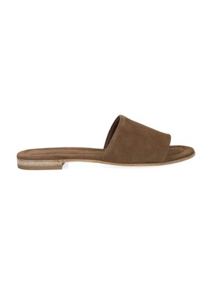 Brown suede flat slide sandal with wide strap and low stacked heel, shown from the side on a white background.
