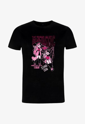 Czarny bawełniany t-shirt z różowym nadrukiem przedstawiającym dwie postacie, pajęczyny oraz tekst "FANGTASTIC" i "MONSTER HIGH TOUR SOLD OUT".