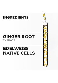 Tubo de ensayo transparente con líquido amarillo que contiene extracto de raíz de jengibre y células nativas de edelweiss, etiquetado con texto negro en negrita.