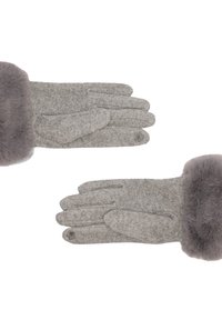 Guantes de lana gris con un suave puño de piel gris. Presentan una textura lisa y aberturas para los dedos, adecuados para el clima frío.