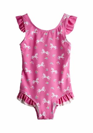 Costume da bagno rosa per bambina con stampa di cavallo bianco e fiori, maniche a volant e aperture delle gambe arricciate.