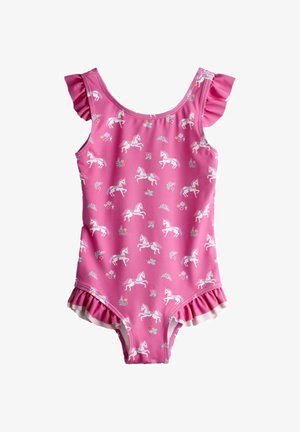 Traje de baño rosa para niño pequeño con estampado de caballo blanco y flores, con mangas con volantes y aberturas de pierna con volantes.
