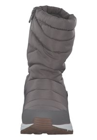 Grijze, gevoerde winterlaars met een hoge schacht, gestructureerd oppervlak en zijrits. Beschikt over een rubberen zool met ribbels voor grip.
