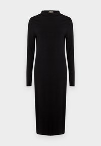 Fekete, hosszú ujjú ruha magas nyakkivágással, testhezálló szabással, sima anyagból készült, térd hosszúságú, finom vállrészlettel.