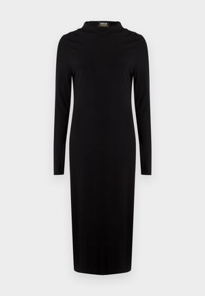 Schwarzes langärmeliges Kleid mit hohem Halsausschnitt, figurbetonter Form, aus glattem Stoff, knielang, mit dezentem Schulterdetail.
