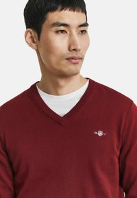 Roter V-Ausschnitt-Pullover aus glattem Strick mit einem gerippten Kragen. Mit einem kleinen Logo auf der linken Brust. Über einem weißen Hemd getragen.