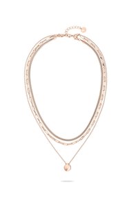 Roségoldenes mehrsträngiges Halskette mit mehreren Strängen, darunter eine Schlangenkette, eine Boxkette und eine Perlenkette, mit einem kleinen Anhänger in der Mitte.