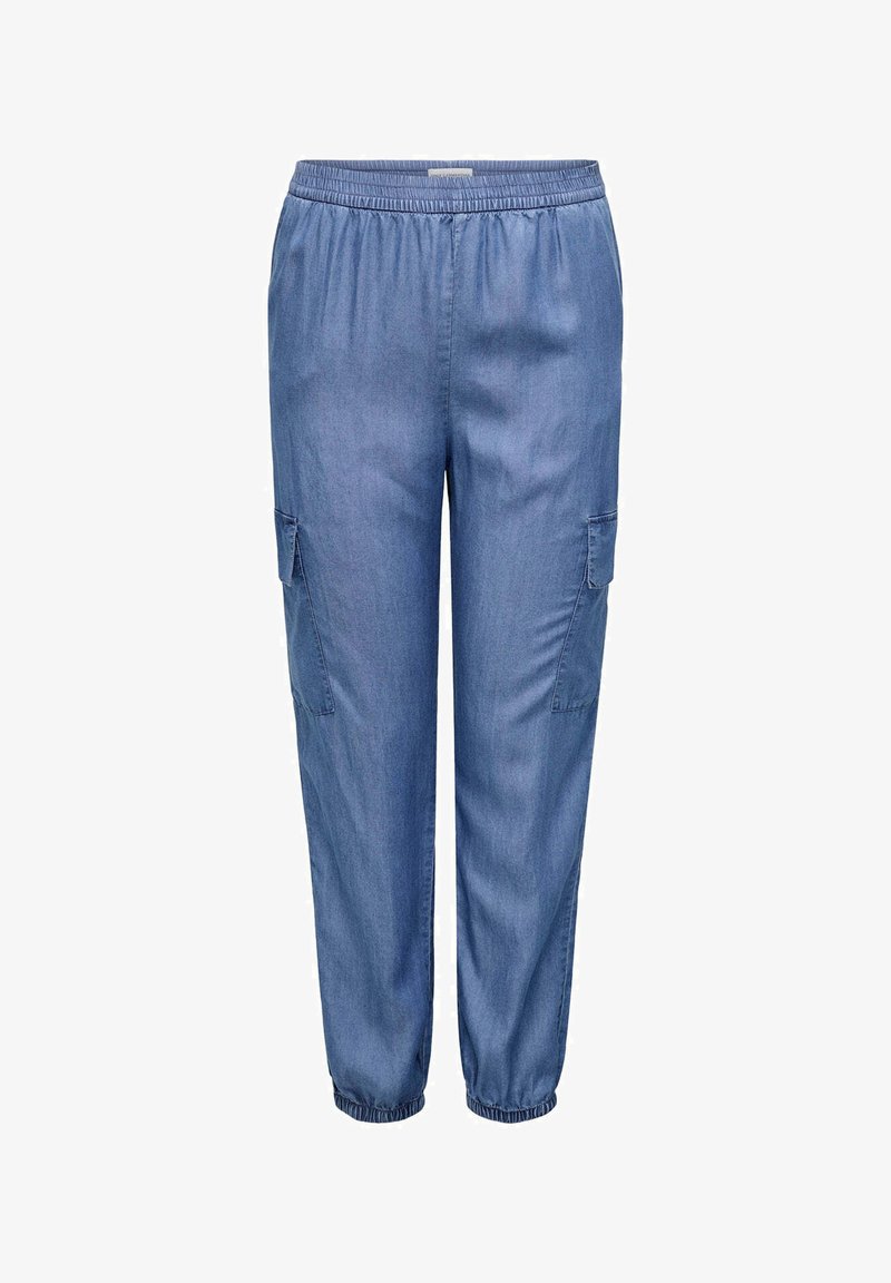Pantaloni cargo in denim di colore azzurro chiaro, con fascia elastica in vita, gambe affusolate, tasche laterali e polsini elastici alle caviglie.