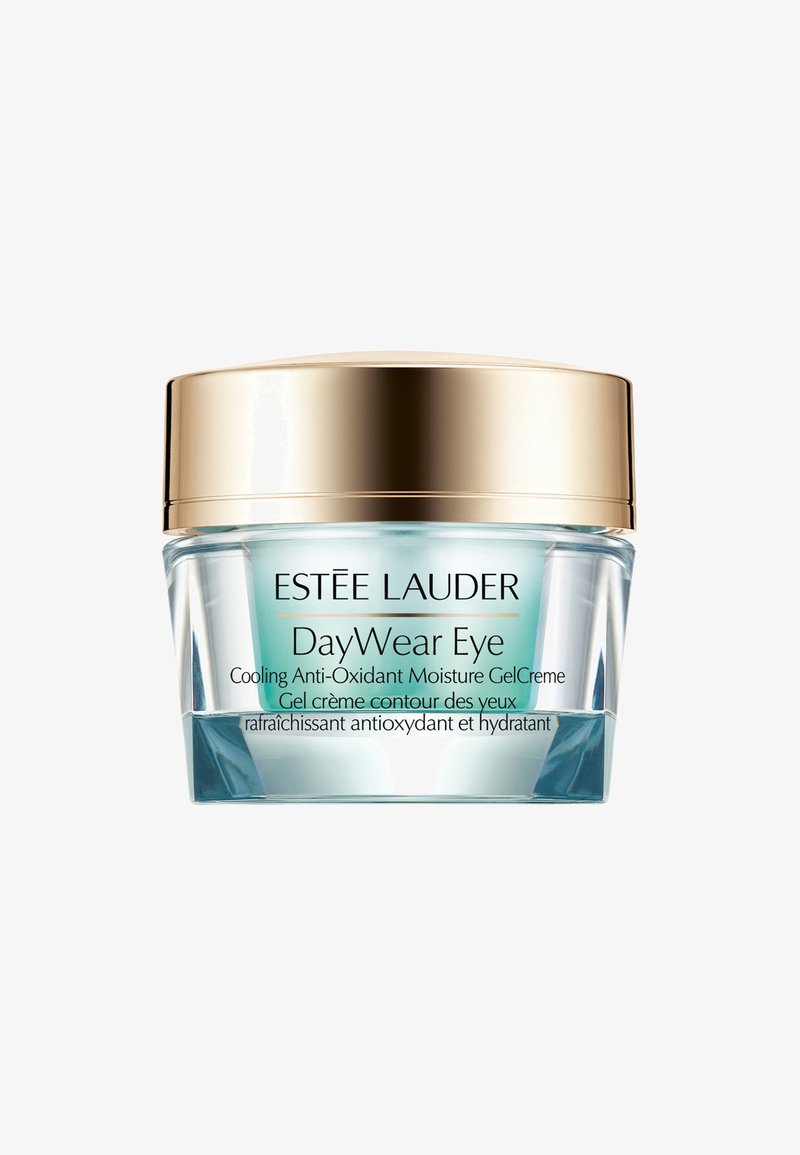 Estée Lauder DayWear øyekrem i et klart glasskrukke med en turkis geléinteriør. Gulllokket, etikett med svart tekst med produktdetaljer.