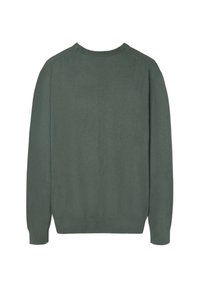Jersey de color verde, tejido de punto, cuello redondo, puños y dobladillo acanalados, sencillo, textura suave, sin patrones ni accesorios visibles.