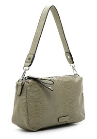 Jasnoszara torebka wykonana z teksturowanej sztucznej skóry z nadrukiem wężowej skóry. Posiada pojedynczy regulowany pasek oraz srebrne ozdoby.