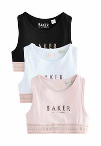 Trii skraćena majica bez rukava u crnoj, bijeloj i ružičastoj boji. Materijal je glatki pamuk. Svaka ima "BAKER" branding sprijeda i uz rub.