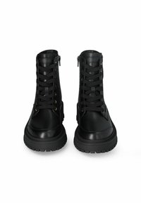 Black ankle boots with a smooth leather upper, round toe, flat sole, and front lace-up design; features side zip closure and metal accents.