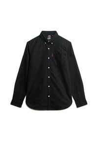 Camicia nera con bottoni, a maniche lunghe, realizzata in un tessuto leggero. Presenta bottoni bianchi e una linguetta arancione sulla tasca del petto.
