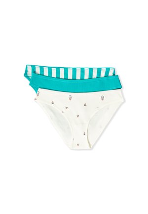 Tre bikini da donna piegati: uno bianco con piccoli motivi floreali, uno in tinta unita color teal e uno teal con righe bianche.