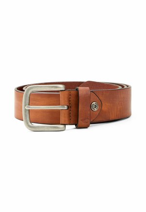 Opgerolde bruine leren riem met een zilveren metalen rechthoekige gesp en een gestikte lus die het uiteinde van de band vastzet.