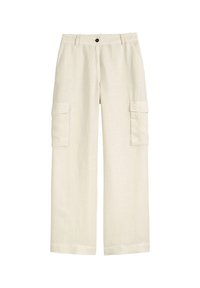 Helle beige Cargo-Hosen aus Leinen, mit lockerer Passform, weitem Bein und zwei Seitentaschen mit Klappen.