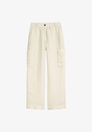 Helle beige Cargo-Hosen aus Leinen, mit lockerer Passform, weitem Bein und zwei Seitentaschen mit Klappen.